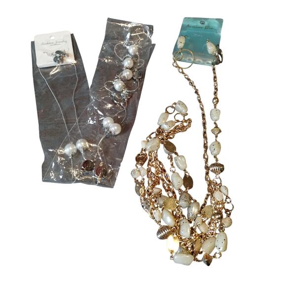 Set of 2 Fashion Jewelry Stones Beads Chains Gold Silver Tone Necklaces Earrings - Picture 1 of 5